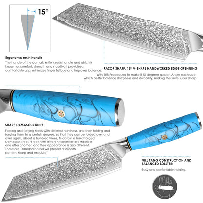 Home Safety Damascus Knife Set, 3PC Damascus Chef Knife Set Santoku Knife Set made of 67 layers Vg-10 Damascus steel, Professional Damascus Kitchen Knife Set with Ergonomic Resin Handle, Gift Box