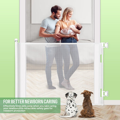 MYPIN Retractable Stair Gate for Baby Pets, Baby Gate 0 to 140 cm, 33 x 55 inches, Extra Wide Safety Gate, Dog Gate for Stairs, Hallways, One-Hand Operation, Easy to Clean, White.