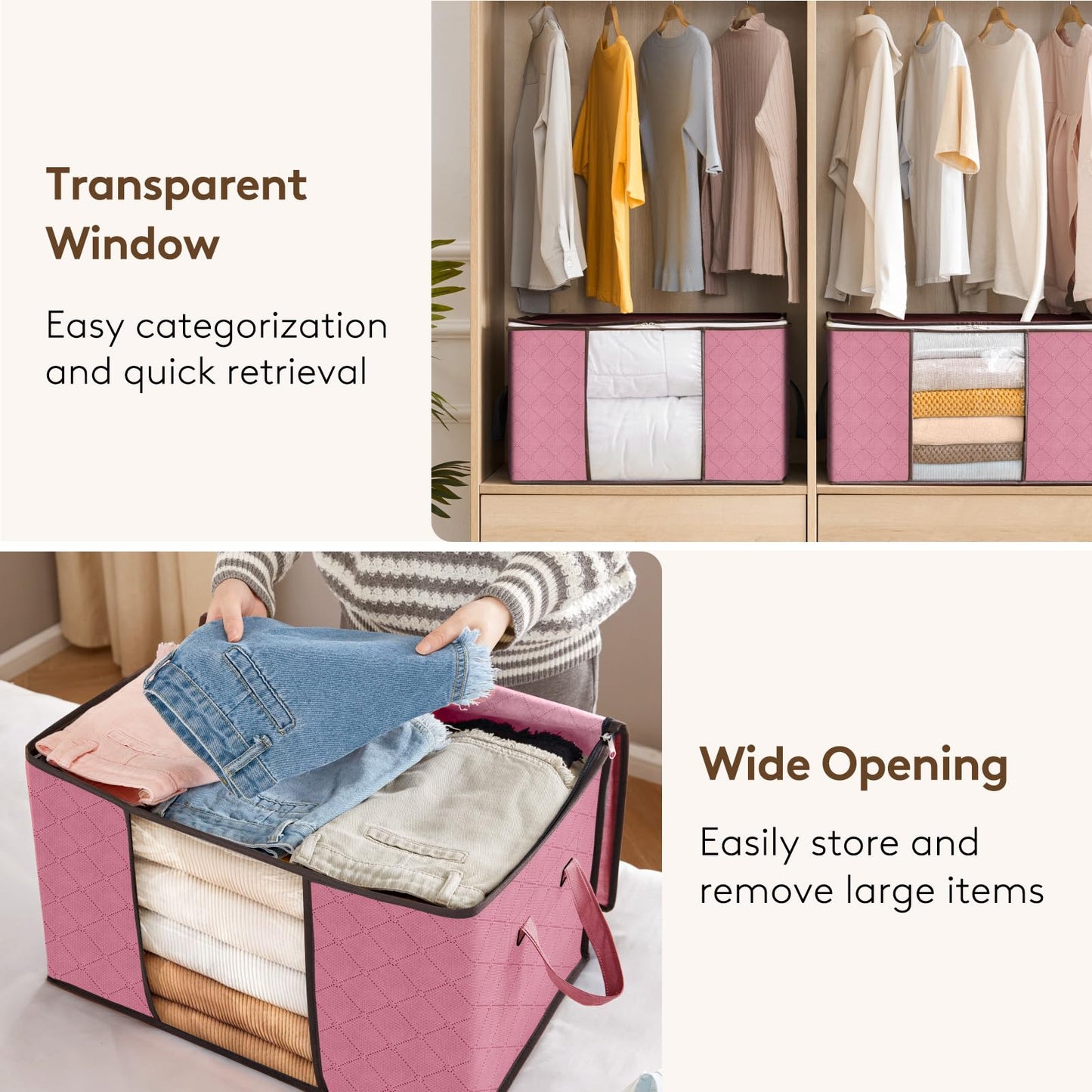 Lifewit 6-piece 90L Storage Bag, Storage Box with Lid, Large Clothes Storage Moving Boxes, Foldable Storage Boxes for Comforters Blankets Clothes Underbed Closet, Pink
