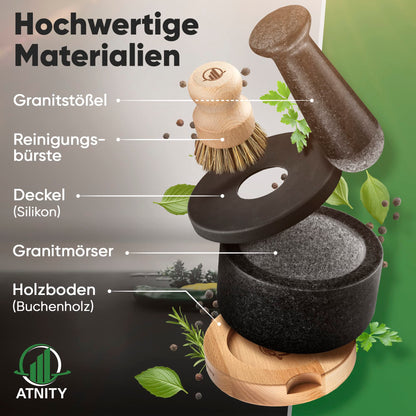 ATNITY Granite Mortar and Pestle Ø 14.5cm - Stone mortar with extra long pestle - Mortar on elegant and stable beech wood base with silicone cover and cleaning brush included in set.