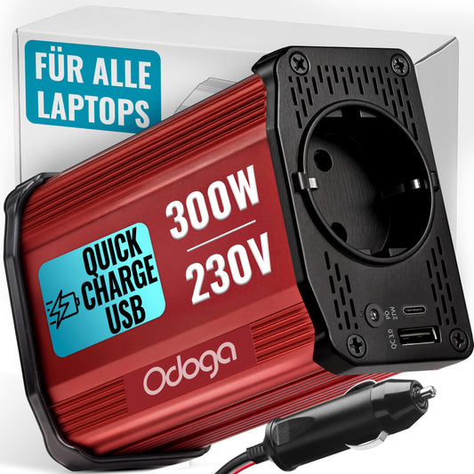 Odoga inverter 12V to 230V - 300W power converter with 3A USB-C and USB-A ports, inverter 12V 220V for car socket, charge your laptop, iPad, iPhone, tablet, and more.