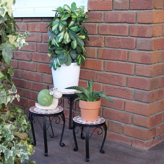 Dszapaci Flower Stool Set of 3 Mosaic Round Garden Flower Stand Metal Patio Plant Stand Ceramic Plant Stool (Set of 3)