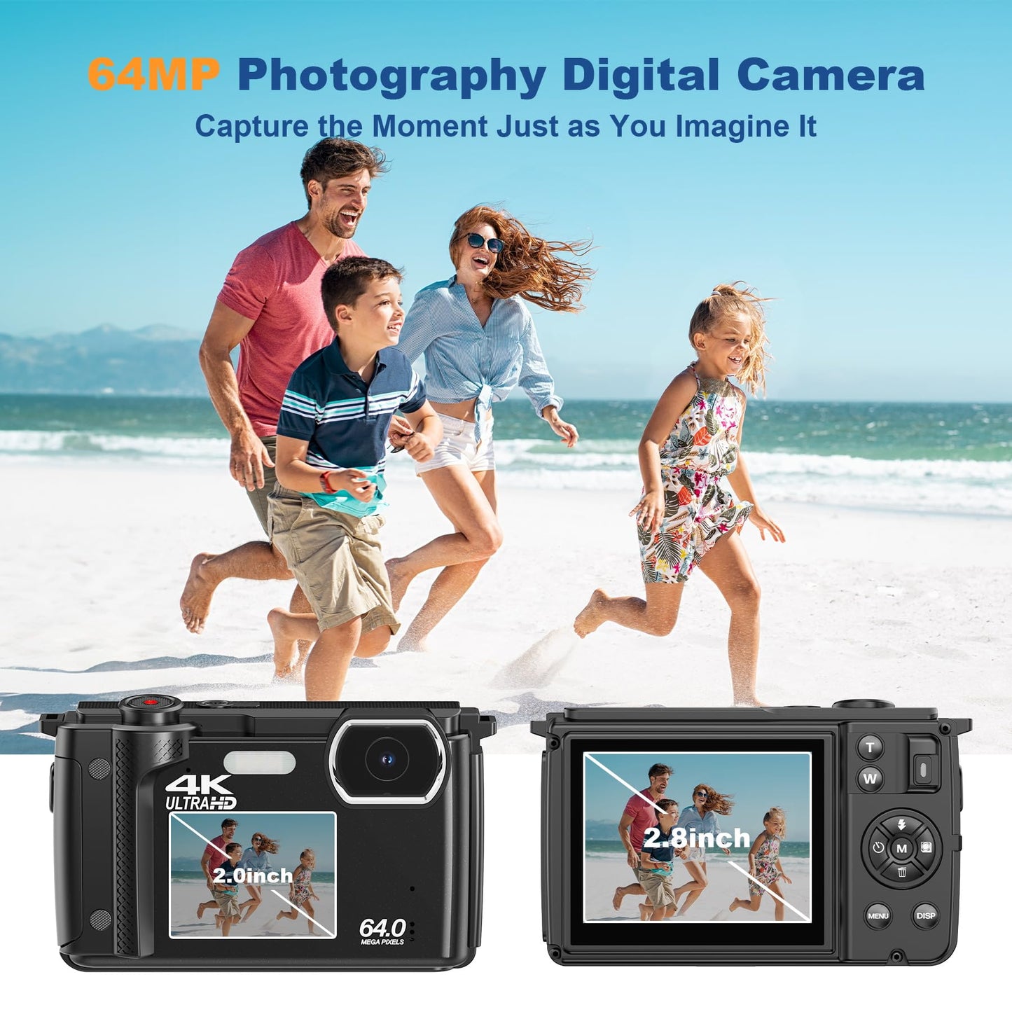 Digital camera, 4K 64MP photography camera, 18X Zoom vlogging camera for YouTube with WiFi, selfie dual screens, small compact camera with 32GB SD card, battery for adults, students, beginners.