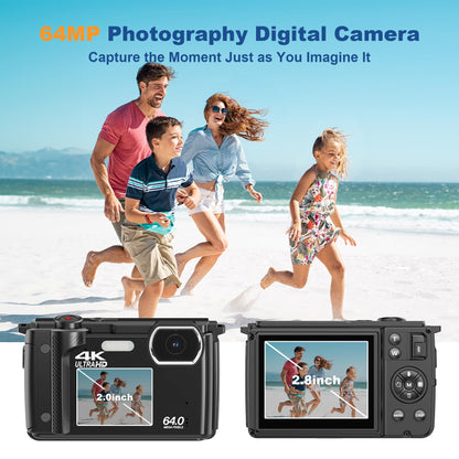 Digital camera, 4K 64MP photography camera, 18X Zoom vlogging camera for YouTube with WiFi, selfie dual screens, small compact camera with 32GB SD card, battery for adults, students, beginners.
