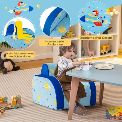 COSTWAY 3 in 1 Kids Sofa Foldable, Upholstered Velvet Children's Armchair, Kids Sleeper Sofa with Removable Protective Cover, Kids Couch for Children up to 5 Years (Spaceship)