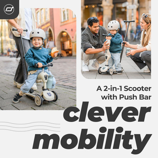 Scoot & Ride Highwaykick 1 Push and Go - 2in1 scooter & balance bike with push bar, adjustable height, for ages 1+, includes safety pad & footrests, color: Ash.