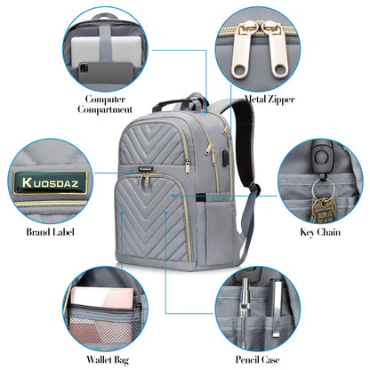 Kuosdaz Backpack Women 15.6 Inch, School Backpack Girls Teenager, with USB Charging Port for Laptop Work Waterproof Backpack, University, Travel, Business, Everyday, Women, School, Gray