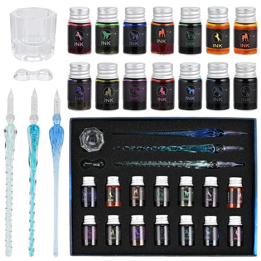 GOLDGE 19 piece glass pen set, 3 pens with 14 colorful inks, pen holder, for art, writing, calligraphy, signatures, greeting cards, decoration, and gift.