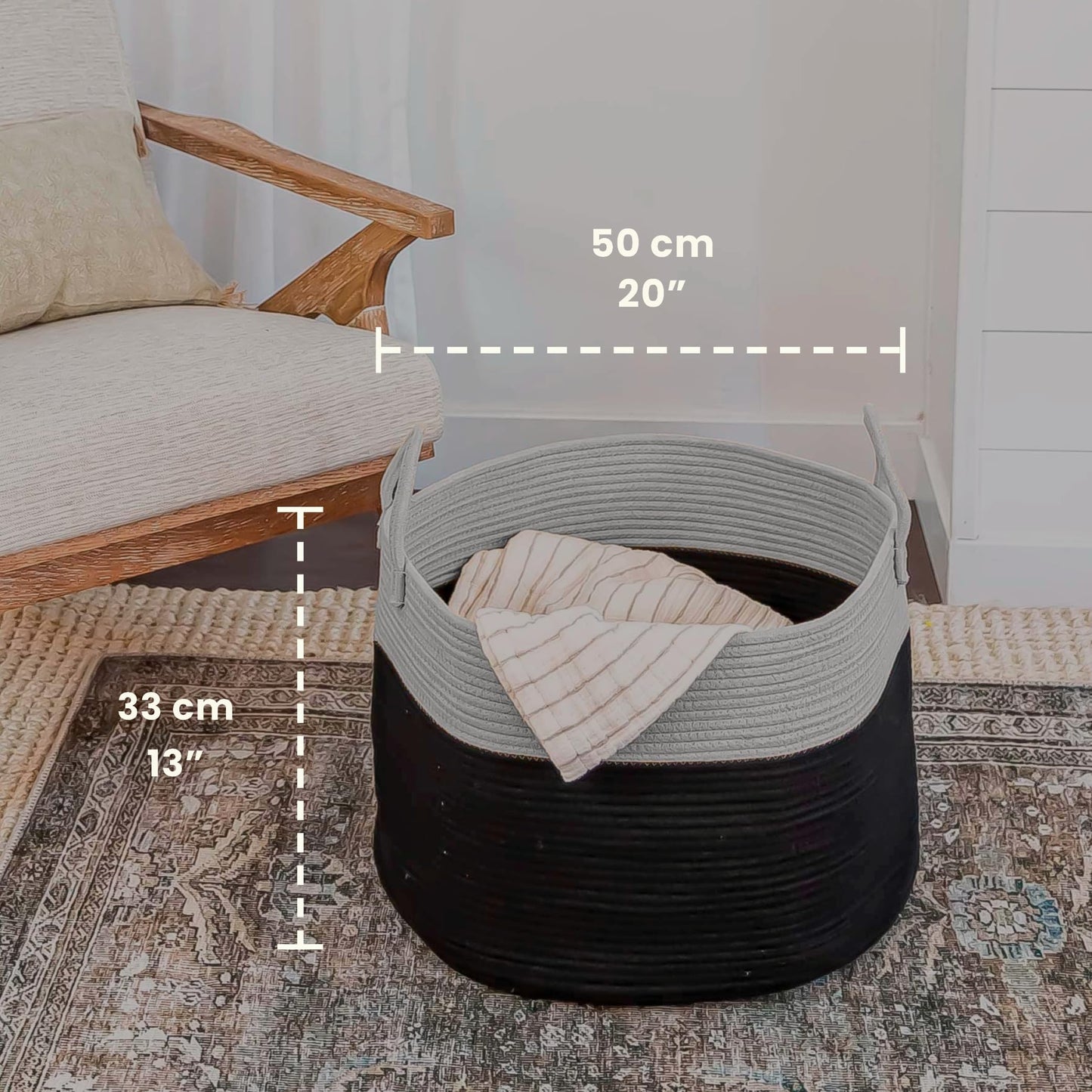 OrganiHaus Large woven storage basket made of cotton with handles, toy basket for kids' room, laundry basket for blankets, pillows, clothes, handwoven basket for living room - 50x33 cm, Black/Gray