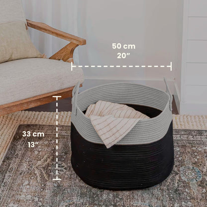 OrganiHaus Large woven storage basket made of cotton with handles, toy basket for kids' room, laundry basket for blankets, pillows, clothes, handwoven basket for living room - 50x33 cm, Black/Gray