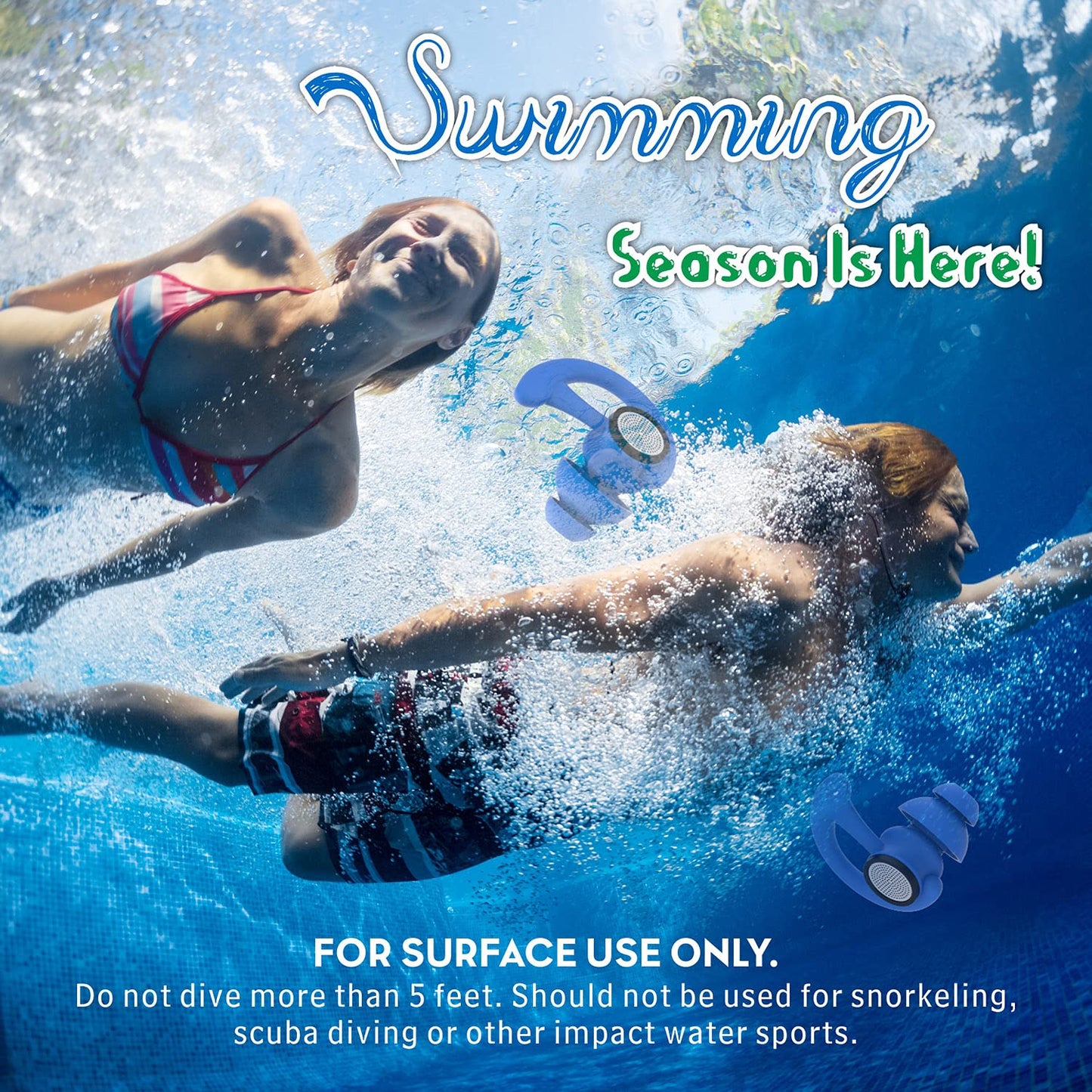 Hearprotek 2 pairs of swimming earplugs, ear protection for adults for swimming, shower, pool, bathing, surfing Blue.