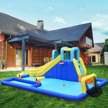 GOPLUS Inflatable Bounce House, Water Park with Slide & Climbing Wall & Water Gun & Soccer Goal, Kiddie Pool for Children 3-12 Years, Includes Carrying Bag, Repair Kit, 526x373x203cm (Excluding Blower)