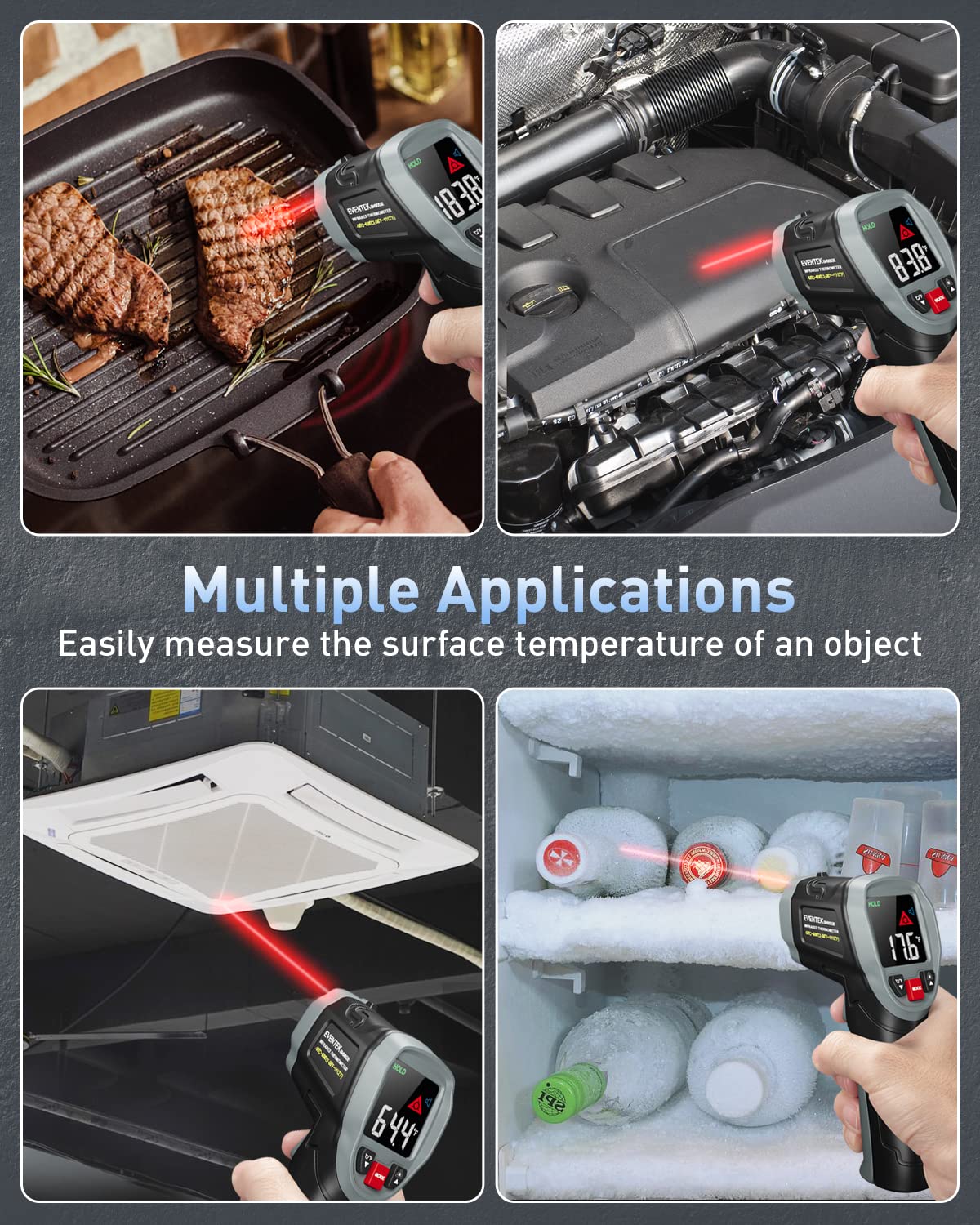 Eventek Infrared Thermometer, [3 in 1] -50°C～600°C (-58°F~1112°F), IR Pyrometer Non-Contact Digital Laser Temperature Gun with Meat Thermometer & Case, for Kitchen/Barbecue/Industry.