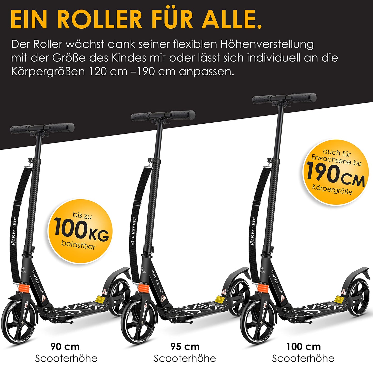 KESSER® City Roller Scooter 205mm Wheels PU Big Wheel - Pro-S Kick Scooter with Dual Suspension, Foldable and Height Adjustable City Scooter, Includes Strap, Kick Scooter for Adults and Kids