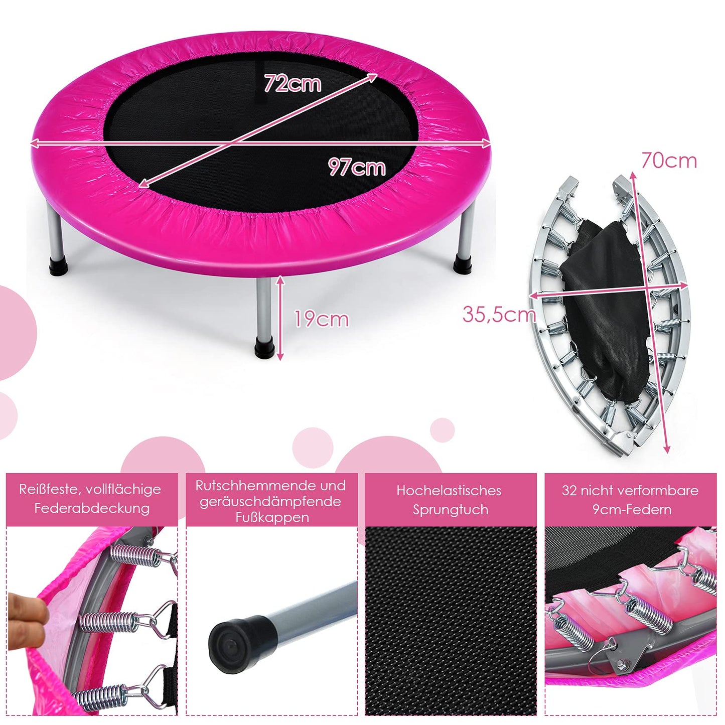 COSTWAY Φ97cm Mini Trampoline, foldable fitness trampoline, children's trampoline up to 150kg, garden trampoline indoor for kids and adults (Pink)