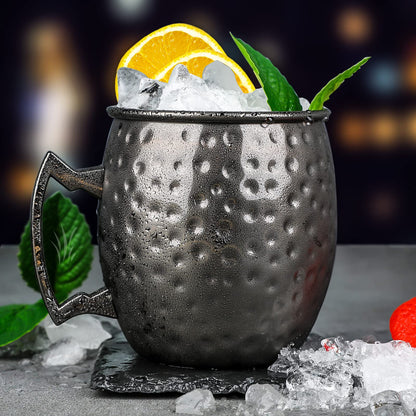 Set of 4 black Moscow Mule cups, 530ml, gunmetal black plated stainless steel, double jigger, chilled drinks, cocktail cups, drinkware with gift box.