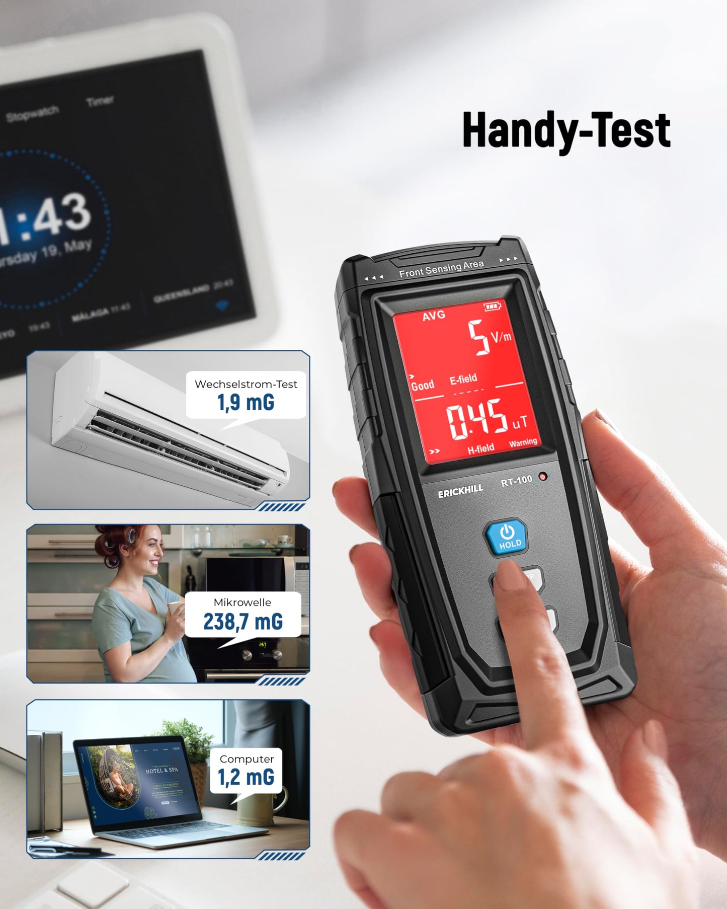 ERICKHILL EMF meter, rechargeable, electromagnetic radiation detector, handheld device, digital LCD EMF detector, great tester for home EMF inspections, office, outdoor, and ghost hunting.