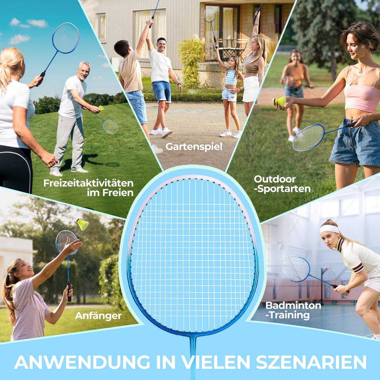 HIRALIY Badminton racket set for outdoor games, lightweight shuttlecock 4-piece set for kids & adults & beginners, includes 4 rackets, 12 nylon shuttlecocks, 4 replacement grip tapes, 1 carrying bag
