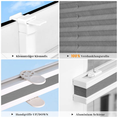 HOMEDEMO Pleated blind without drilling, blackout, thermal pleated blind with clamp fixing, gray 40x110cm (WxH). Blackout pleated blind 100% lightproof for windows, opaque privacy sun protection.