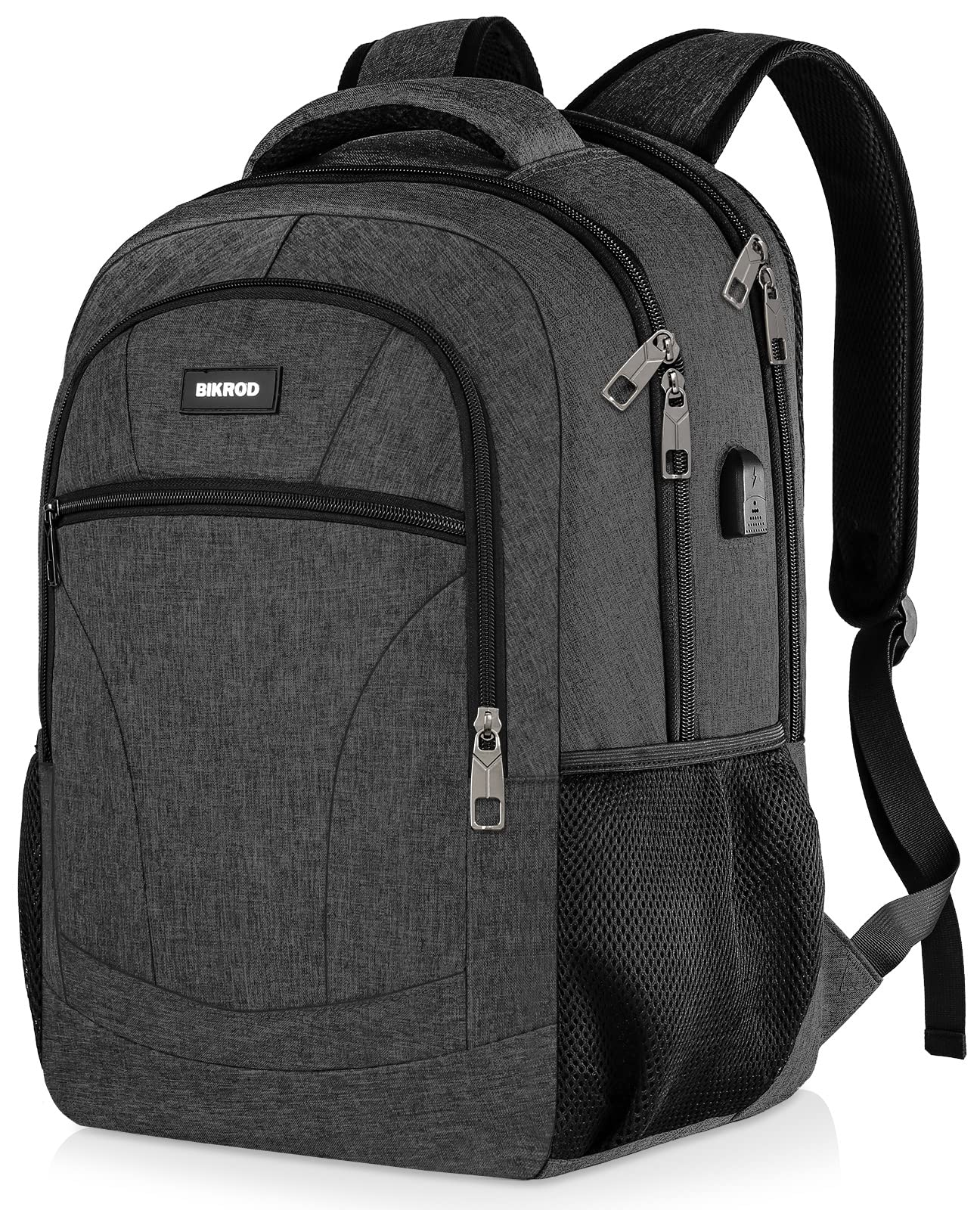 BIKROD backpack for men, school backpack for teenage boys, 15.6 inch laptop work daypack with USB charging port for business, hiking, travel, camping school bag, black