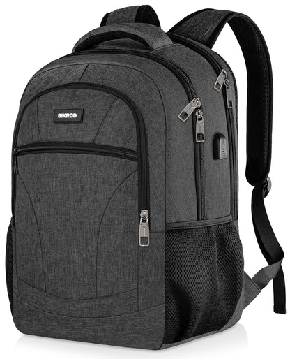 BIKROD backpack for men, school backpack for teenage boys, 15.6 inch laptop work daypack with USB charging port for business, hiking, travel, camping school bag, black