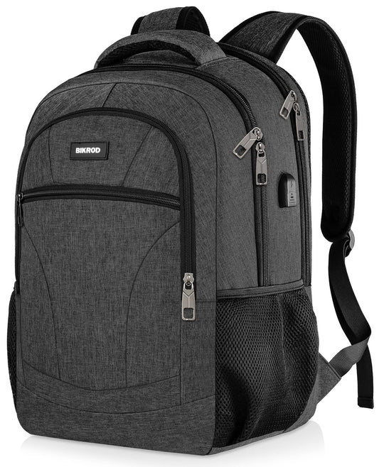 BIKROD backpack for men, school backpack for teenage boys, 15.6 inch laptop work daypack with USB charging port for business, hiking, travel, camping school bag, black