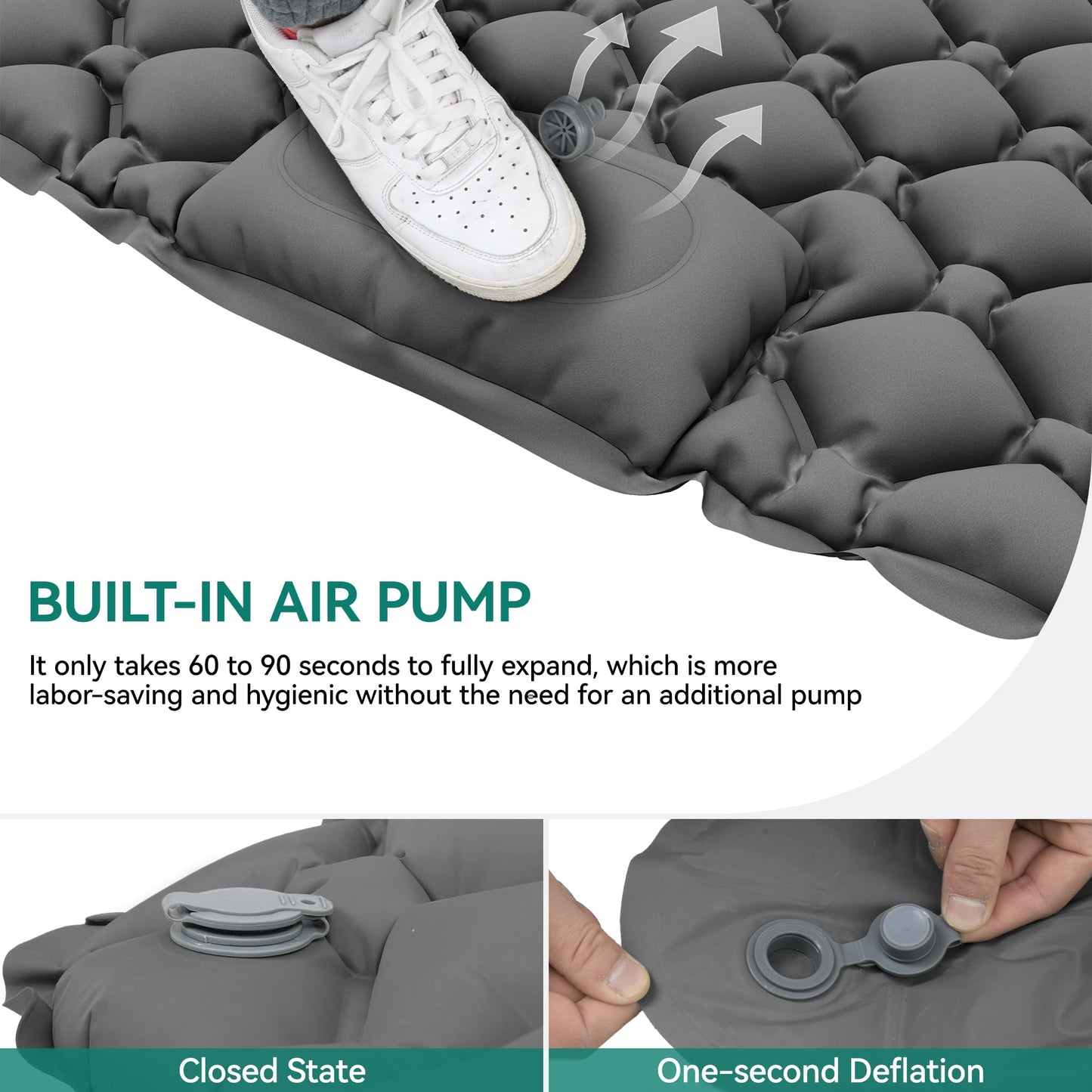 YITAHOME self-inflating sleeping pad for 2 people, 195x120, ultralight camping air mattress with built-in pump and pillow. Comes with carrying bag and foot pump for travel. (Dark Grey)