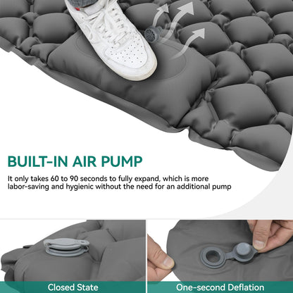 YITAHOME self-inflating sleeping pad for 2 people, 195x120, ultralight camping air mattress with built-in pump and pillow. Comes with carrying bag and foot pump for travel. (Dark Grey)