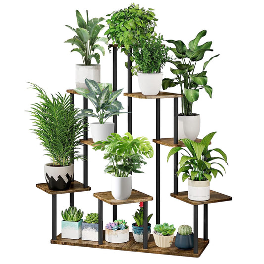 YOCOMEY 9-Tier Wooden Flower Rack Plant Stand, Multi-layered Flower Shelf Plant Holder Flower Bench Flower Stair Plant Stand for Indoor Garden Balcony Decoration (Black)