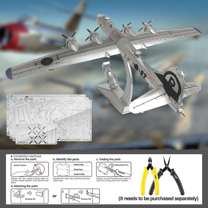 Piececool 3D Metal puzzle aircraft model B-29 Bomber Superfortress, for 340 stainless steel, full metal, 1:1 restore, birthday gift, adult model kit, 150 pieces.