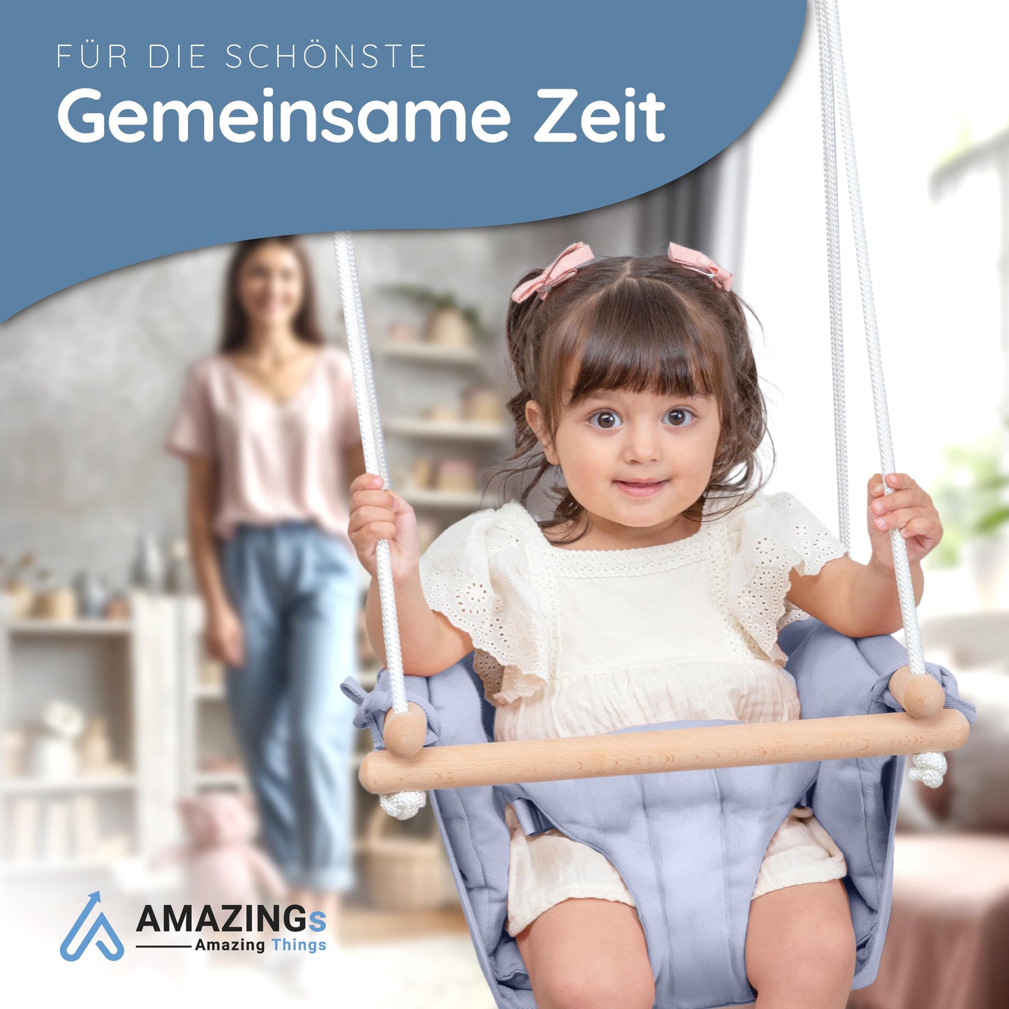 AMAZING Baby and Toddler Swing | Adjustable baby swing. Complete set with hanging kit for indoor and outdoor use | 3-in-1 solution for babies and children from 7 months to 3 years - Blue