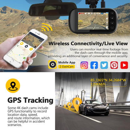 Z-Edge 4K Dashcam GPS WiFi Dual Car Camera 4K 2K 1080P 2.7 Inch LCD, APP Control, 155° Wide Angle Lens, Loop Recording, WDR Night Vision, G-Sensor, Parking Monitor (2025 Version)