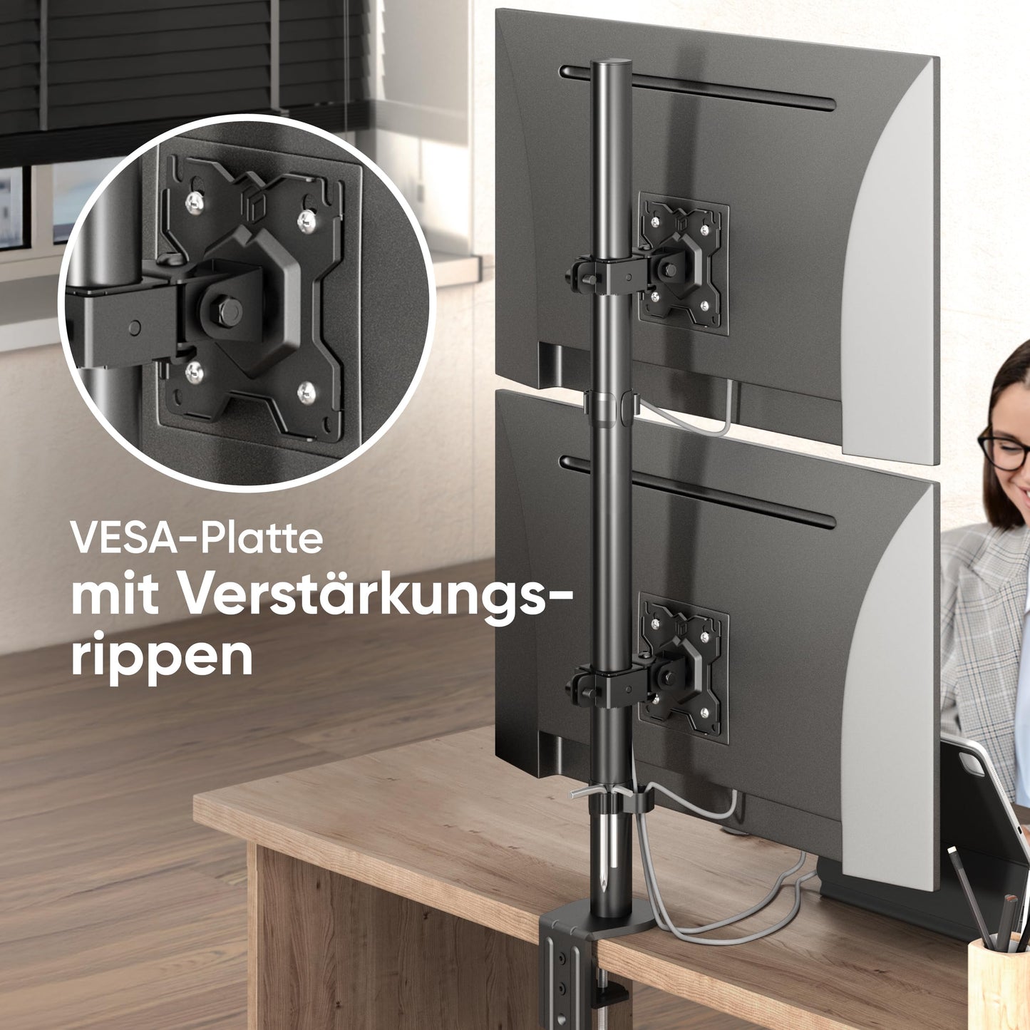 ONKRON dual monitor mount for 13-34 inch screens up to 8 kg per arm, VESA 75x75-100x100, adjustable stand for two monitors stacked vertically, black D208E-B.
