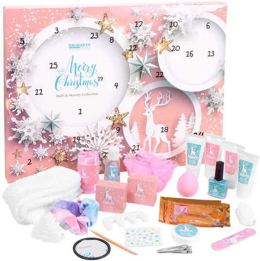 BRUBAKER Cosmetics Beauty Advent Calendar 2025 - the XXL wellness Christmas calendar for women and girls - 24 x body care products & spa accessories - stars and snowflakes in pink.