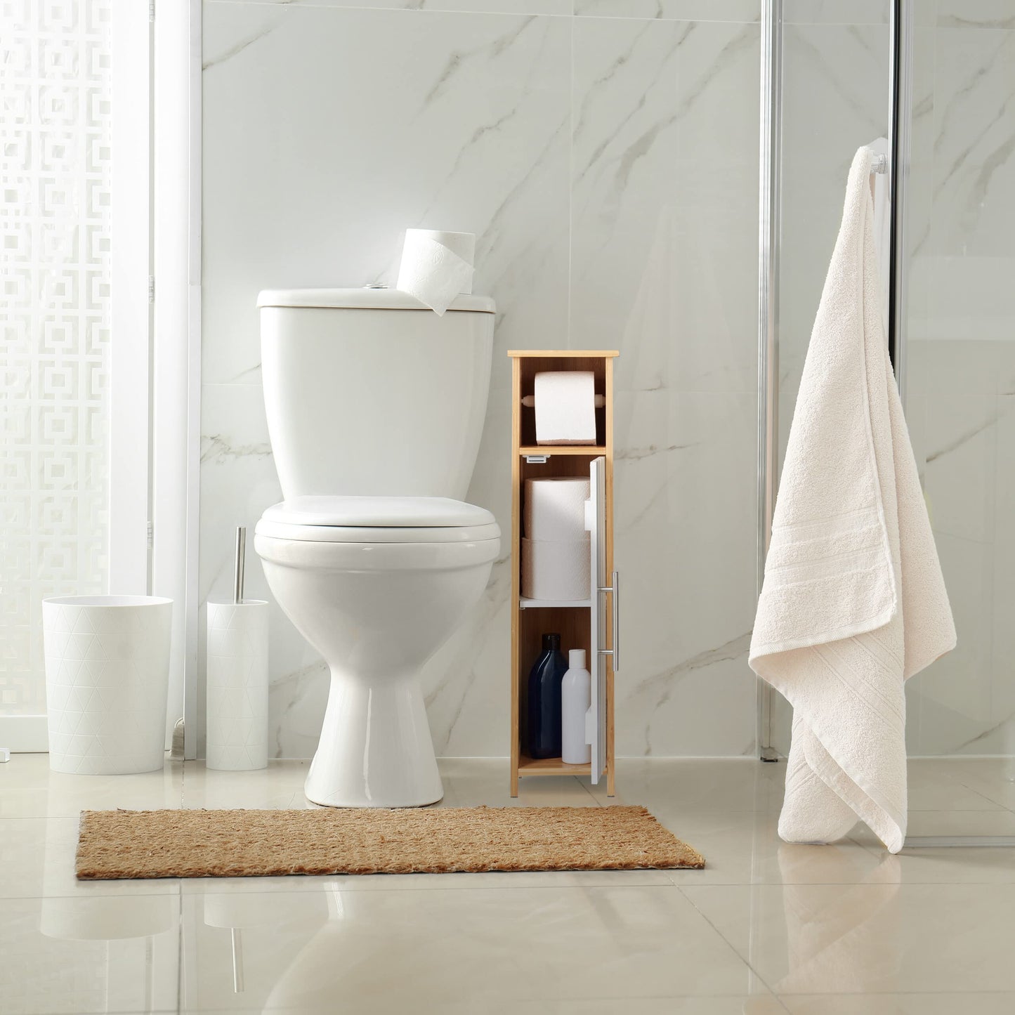 Relaxdays standing toilet paper holder, bathroom rack HWD: 71x18x20 cm, MDF & bamboo, toilet paper cabinet, brown/white