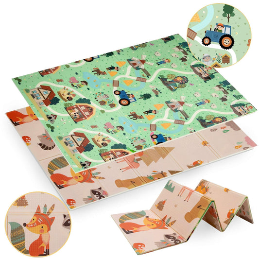 HUMBI Baby Play Mat, Crawling Mat, XPE Foam, Double-sided, Foldable, Waterproof, Extra Large, Carpet Baby Mat, Non-slip, 120x180 cm, Village and Forest