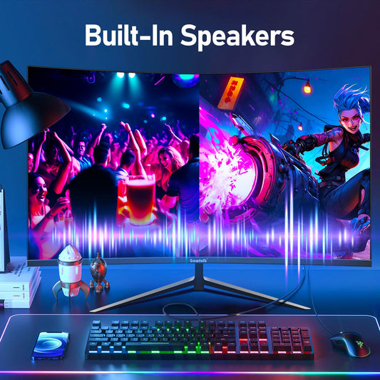 Gawfolk 27-inch curved monitor with 100Hz refresh rate, built-in speakers, 1080P resolution, 1800R curvature, 75Hz computer screen with Eye Care technology. Features HDMI and DP ports, VESA compatible.