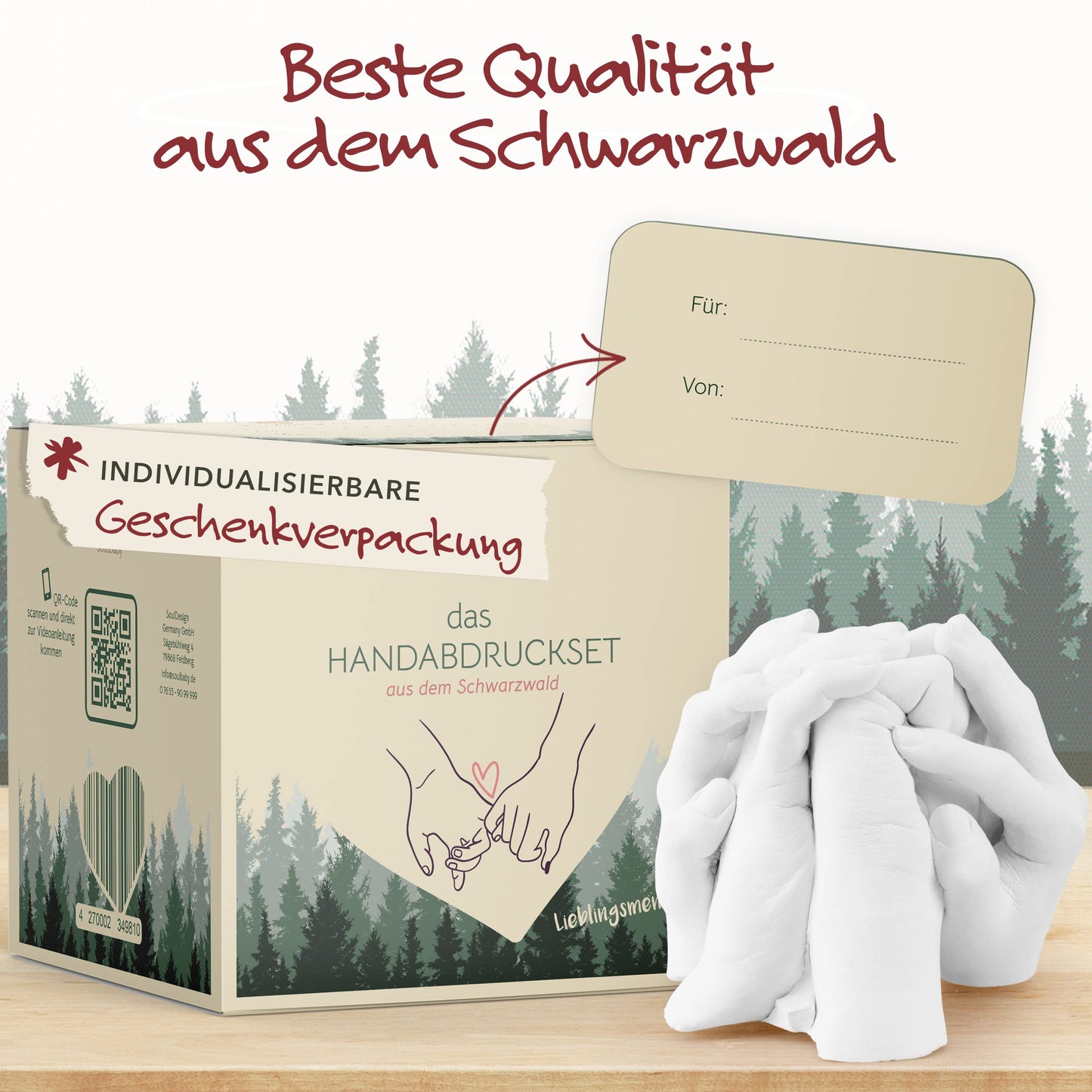 SOULBABY® 3D Handprint Set Family [4 large hands] with gift packaging I Premium Family Casting Set I 100% Black Forest Made I 3D Casting Kit Family with video instructions
