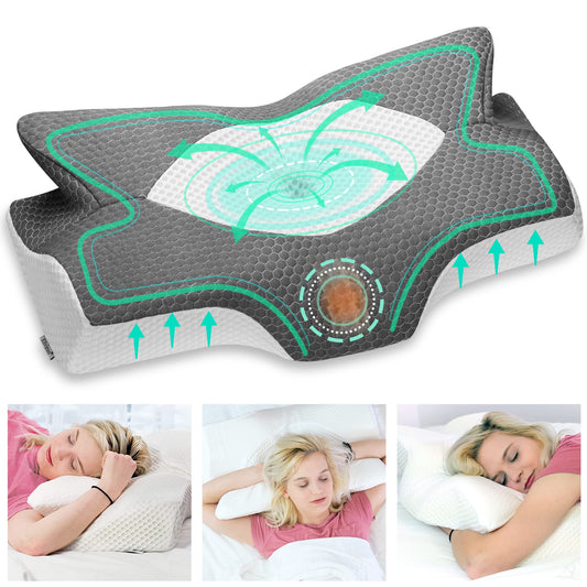 Elviros Orthopedic Memory Foam Pillow, Side Sleeper Pillow Neck Support, Head Pillow Neck Pain, Ergonomic Sleep Pillow for Neck and Shoulder Pain, 64 x 12.5/10.5 x 38cm