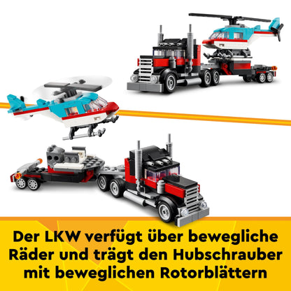 LEGO Technic NEOM McLaren Extreme E Race Car Set, car toy with pull-back motor & Creator 3in1 Low Loader with Helicopter, vehicle set with helicopter and truck toys.