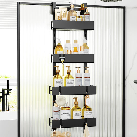 Orimade hanging shower caddy with hooks, adjustable shower shelf without drilling, 4 piece hanging shower basket for frameless glass door black.