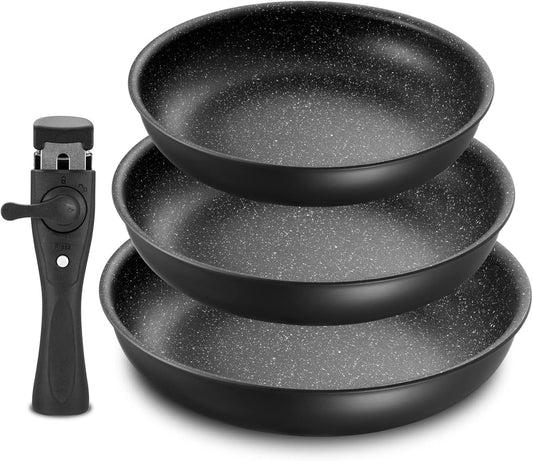 Fadware induction pan set with 20, 24, and 28 cm non-stick frying pans. Removable handle, suitable for all hob types. PFOA and PFAS free, oven safe, easy to clean, great for camping.