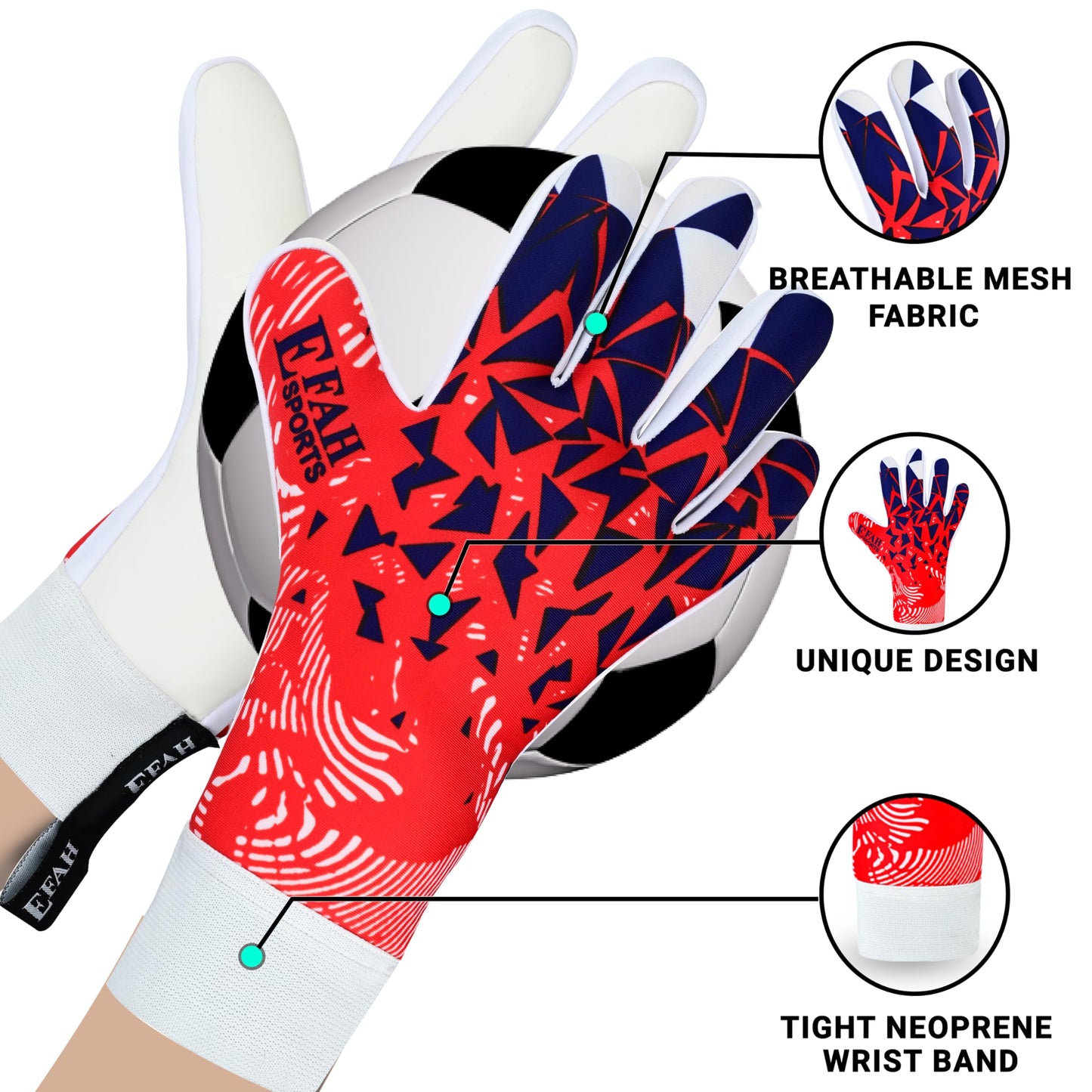 EFAH SPORTS goalkeeper gloves for kids and adults with padded palm, breathable and strong grip soccer gloves (Red, Size 5 suitable for 9 to 12 years old, Ambidextrous)