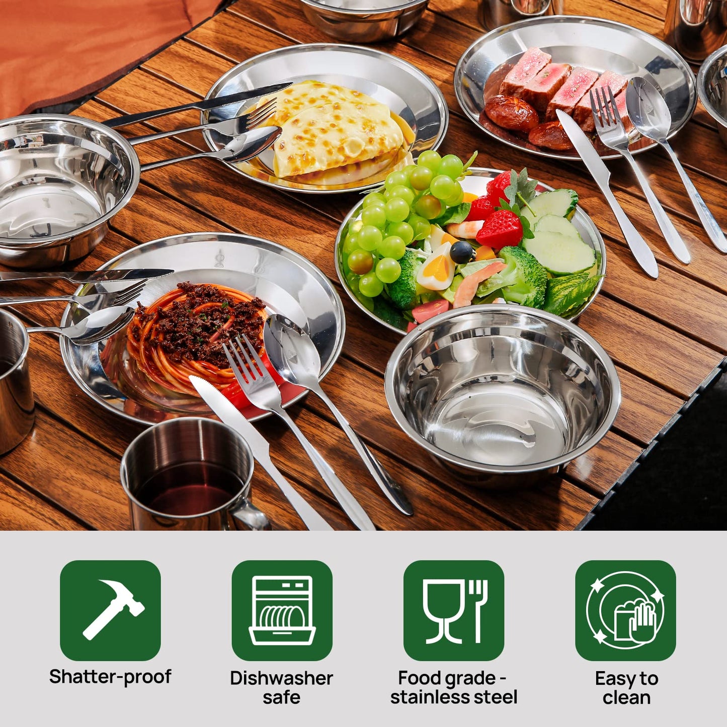 Odoland Camping Cutlery Set, outdoor utensils made of stainless steel for 2 people. Foldable utensils with plate and cup. Ideal for outdoor cooking, traveling, hiking, and camping.
