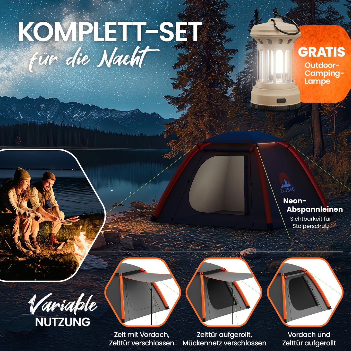 ELONEO inflatable tent for 1-3 people with canopy & air pump, waterproof camping tent, lightweight air tent, Inflatable Tent, Glamping tent with free LED light