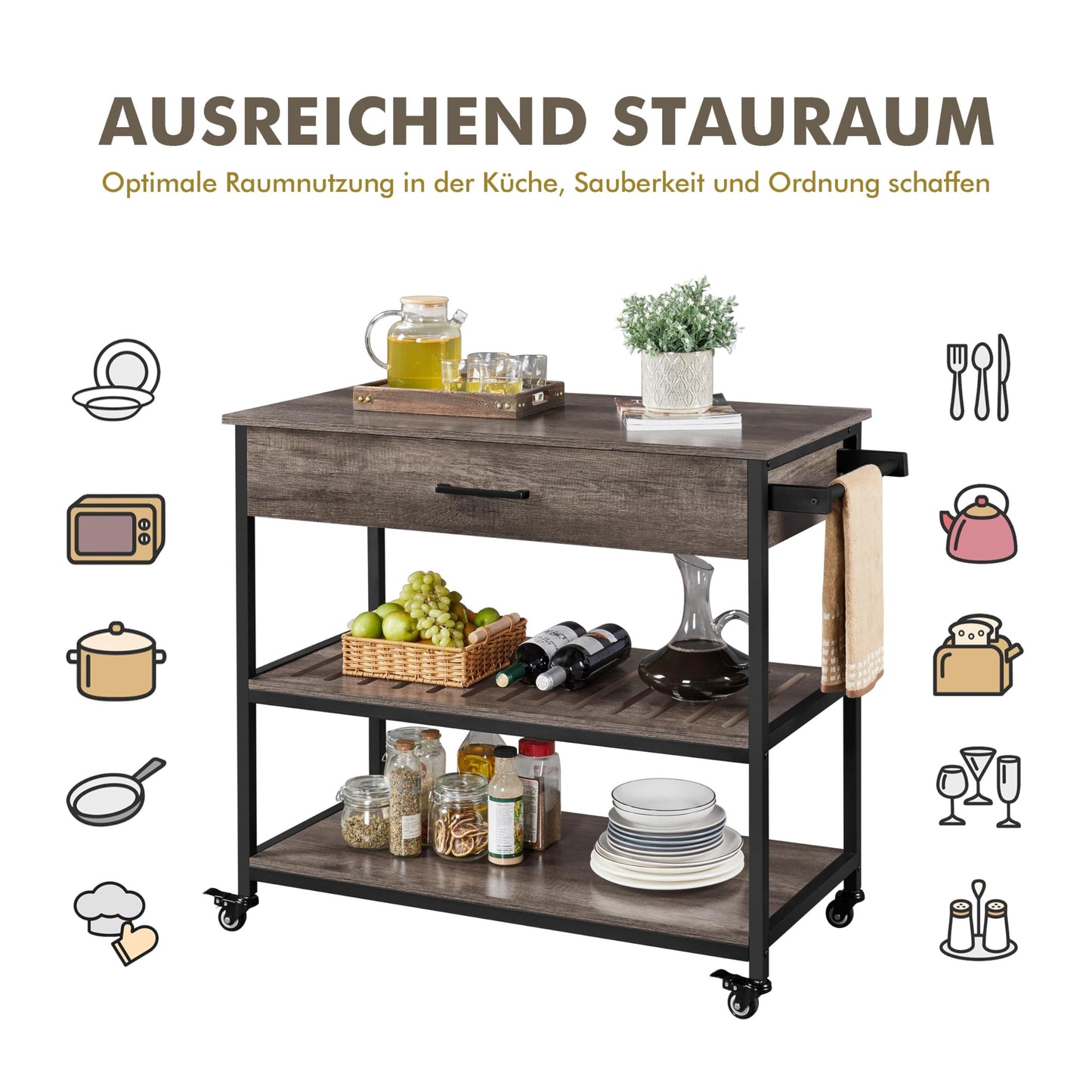 Yaheetech Serving Cart with Drawer Kitchen Trolley with 2 Shelves Rolling Cart Kitchen Trolley with 4 Wheels Kitchen Shelf Movable Kitchen Islands Side Table 109.5 x 51 x 92 cm, Taupe.