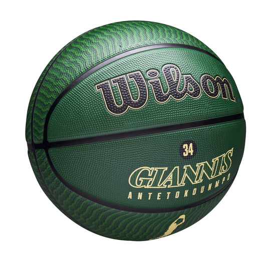 Wilson Basketball, NBA player icon for outdoor play featuring Giannis Antetokounmpo of the Milwaukee Bucks. Size 7, in green/beige color scheme for use both indoors and outdoors.
