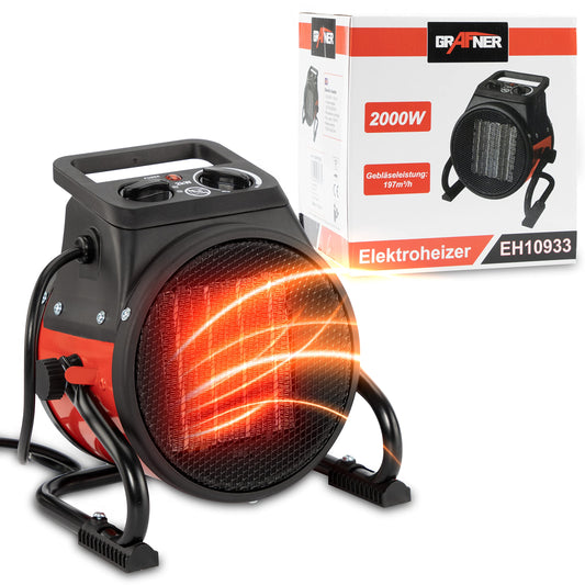Grafner Ceramic Heater with 2000 Watt 2KW, 3 heat settings, automatic thermostat, powerful turbo heater, PTC element, overheat protection, construction site heater electric, electric heating, tent heater.