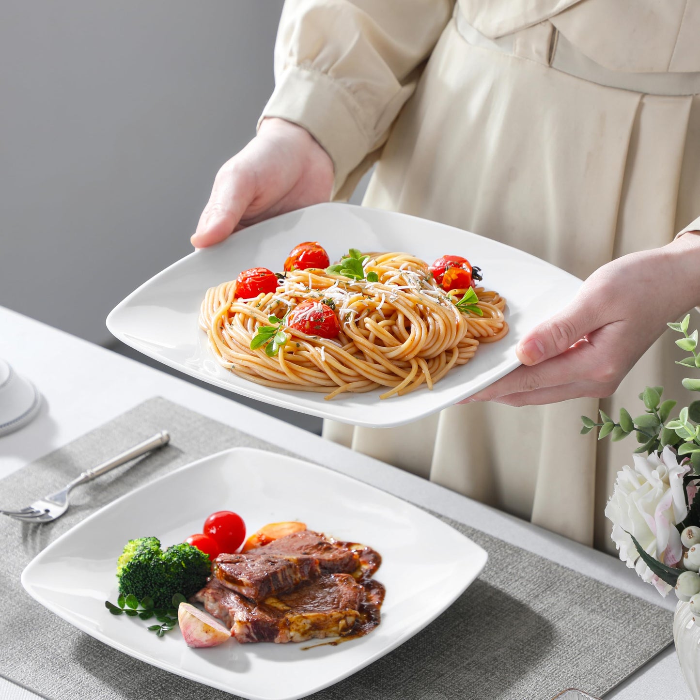 MALACASA, Julia series, tableware set for 12 people, 60 pieces porcelain dinnerware set. Includes dinner plates, dessert plates, soup plates, coffee cups, and saucers, 12 pieces each.