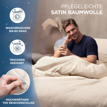 Samthus bed linen 155x220 cotton satin - Oeko-Tex Made In Green - Heavenly soft sleep - Bedding set with 1x duvet cover 155x220 + 1x pillowcase 80x80 - Duvet Cover - Beige